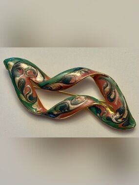 Vintage 80s Abstract Enamel Ribbon Brooch | Marbled Earth Tones